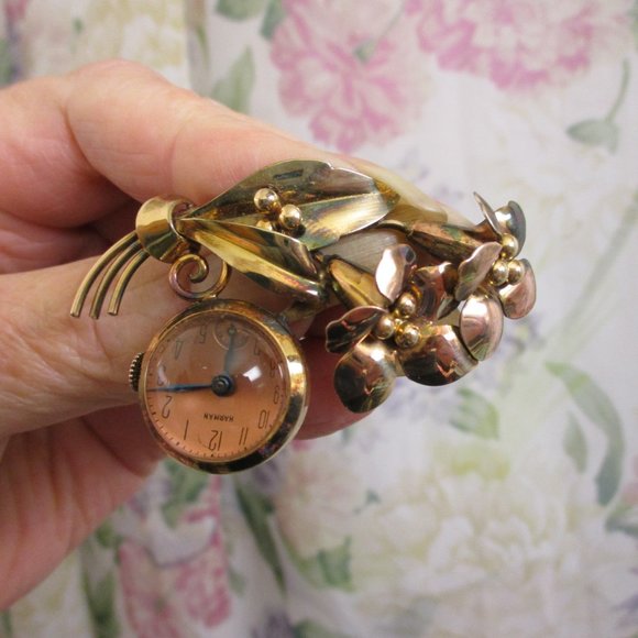 HARMAN Sterling Vermeil Mechanical Watch Brooch ~ 1930s Floral Wind Up Watch Pin - Picture 8 of 14
